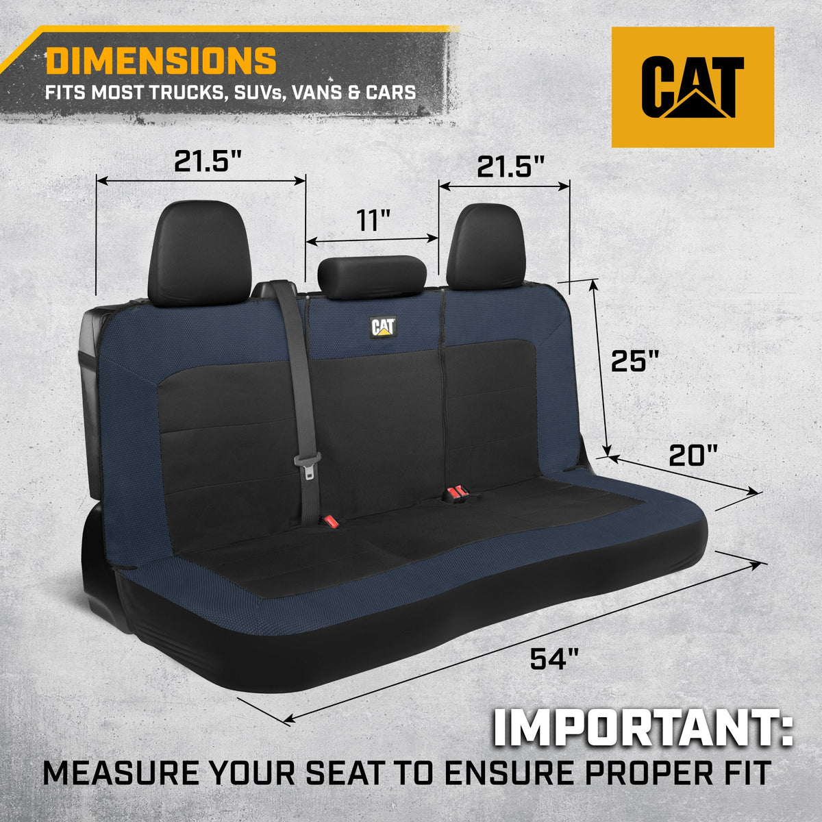 Cat Flexfit Blue & Black Rear Seat Cover for Car - Durable Canvas & Mesh Design 60/40 Split Bench Protector for Cars, Trucks & SUVs - Back Seat