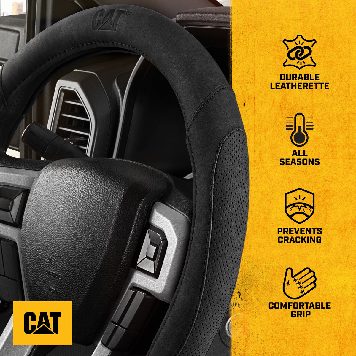 Cat® Honor Line Flux Leather Steering Wheel Cover w Metal Flag Emblem, Black Leatherette, Standard 14.5–15.5 Inch, Non Slip Comfort, Car Steering