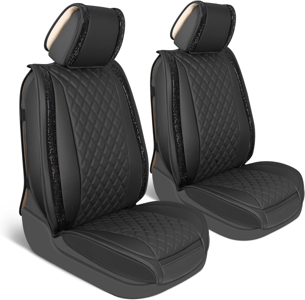 BlingStitch™ Car Seat Covers for Front Seats - Luxurious Vegan Leather Seat Covers for Cars with Black Bling Crystals, Premium Automotive Seat
