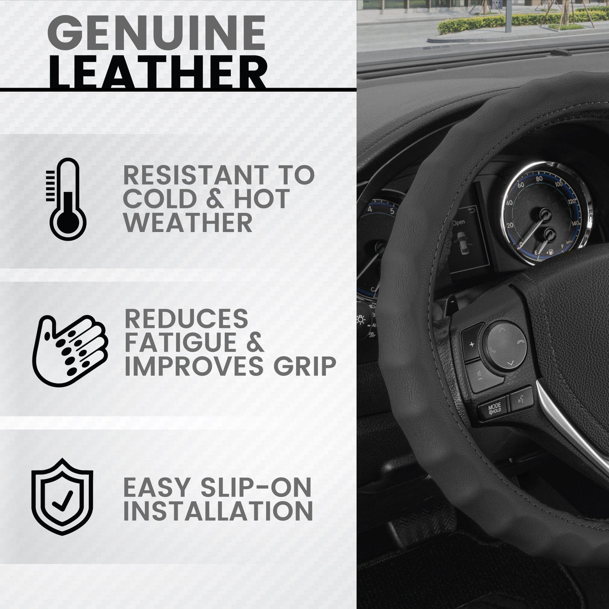 MotorTrend Ergonomic Genuine Leather Steering Wheel Cover S (Fits 13.5" - 14.5")