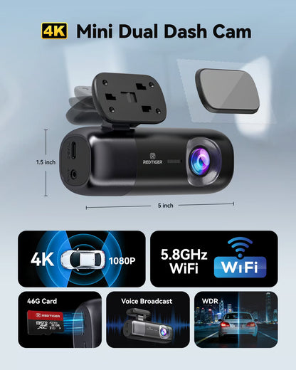 REDTIGER F9 4K Dash Cam Front and Rear 1080P, 5.8GHz WiFi & Smart App