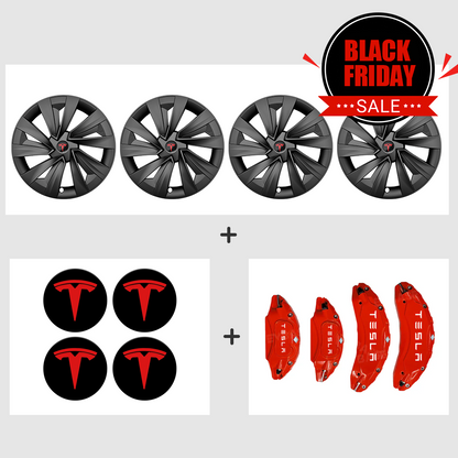 EVBASE Model Y Juniper 19 Inch Spiral Style Matte Wheel Covers & Center Hub Caps & Brake Caliper Cover Set Performance Look