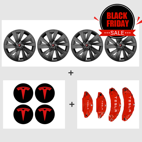 EVBASE Model Y Juniper 19 Inch Spiral Style Matte Wheel Covers & Center Hub Caps & Brake Caliper Cover Set Performance Look