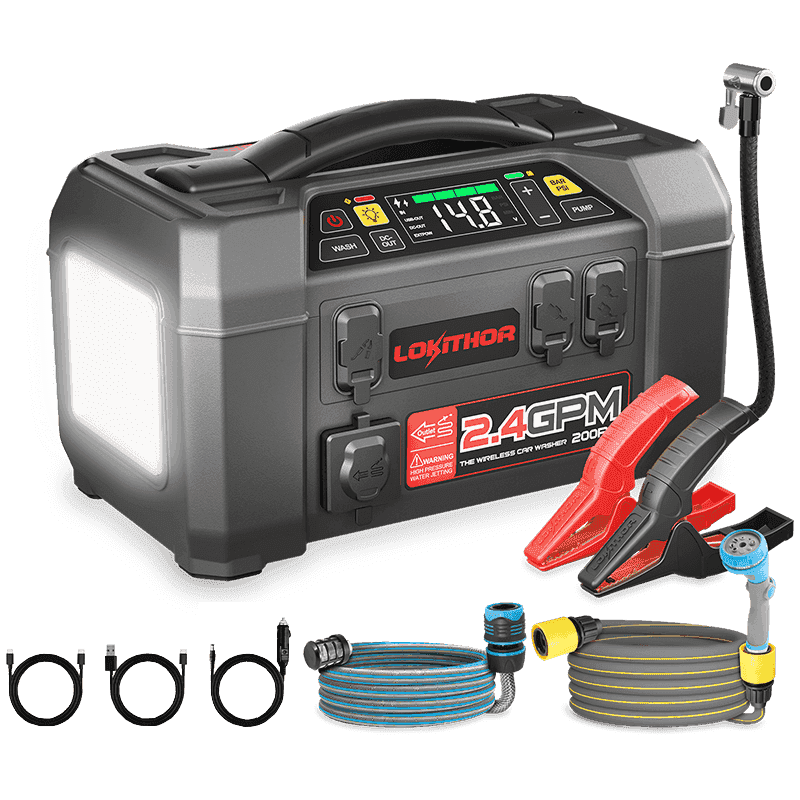 LOKITHOR AW401 Multi-Function Jump Starter 2500A Peak with Pressure Washer & 150PSI Air Compressor for Car Recovery, Camping