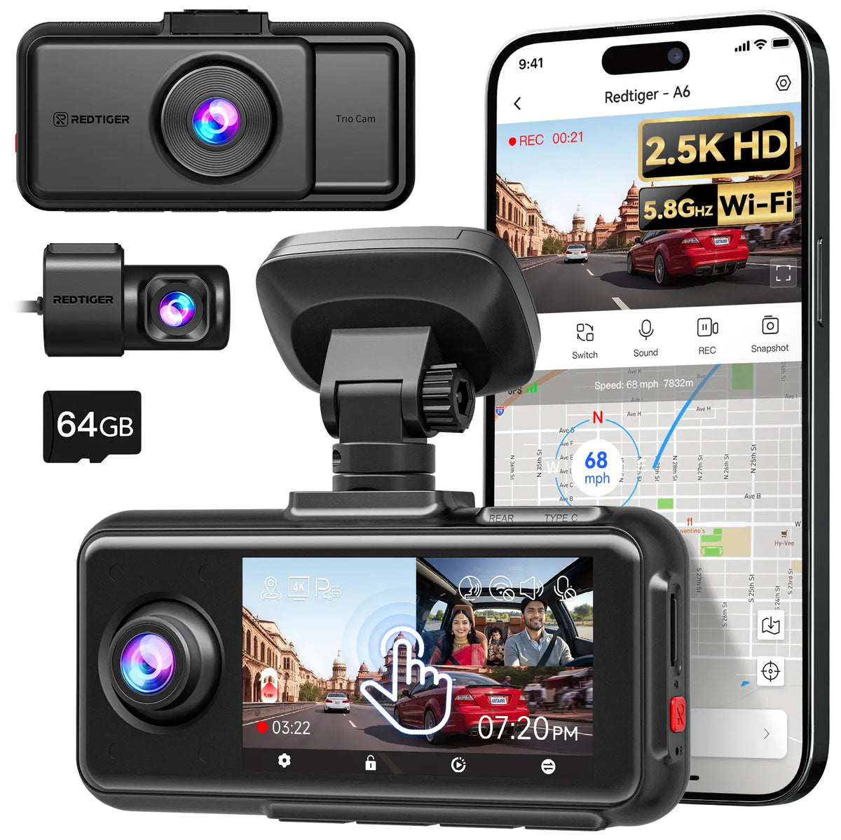 REDTIGER A6 Dash Cam Front and Rear, 4K/2.5K+1080P 5.8G WiFi & GPS dashcam, 3 Channel dash Cam with 64GB Card