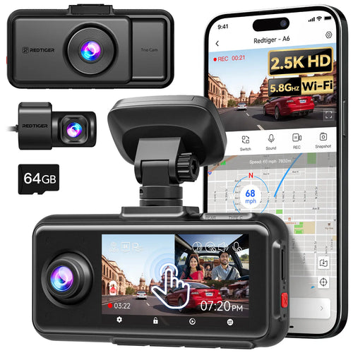 REDTIGER A6 Dash Cam Front and Rear, 4K/2.5K+1080P 5.8G WiFi & GPS dashcam, 3 Channel dash Cam with 64GB Card