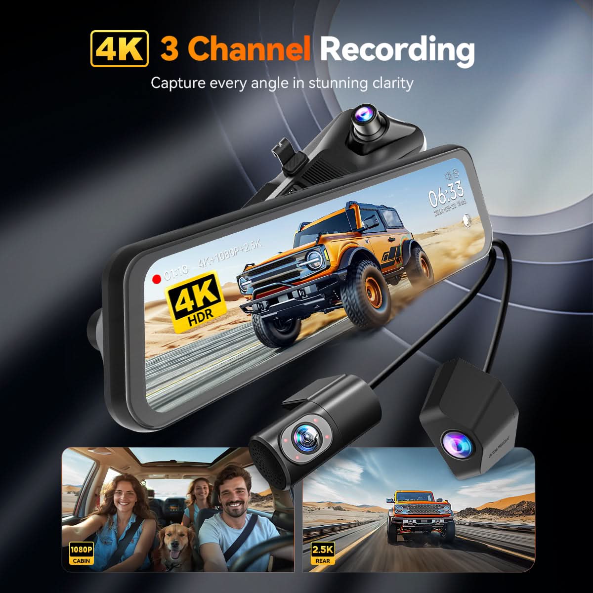 WOLFBOX G900TriPro 4K+2.5K+1080P 3 Channel Cabin Monitor Mirror Dash Camera