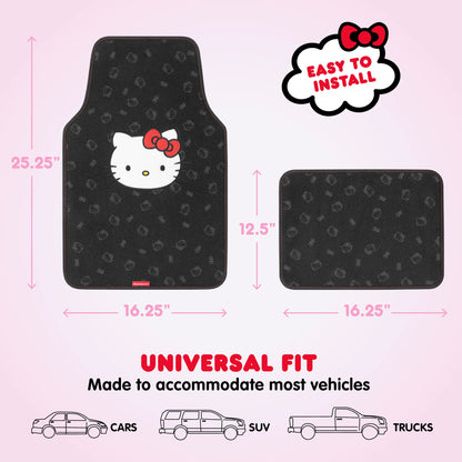 Hello Kitty Carpet Car Floor Mats - Universal Fit for Cars, SUVs & Trucks - Black with Red Bow & Hello Kitty Print - Front & Rear Set, 4 Piece