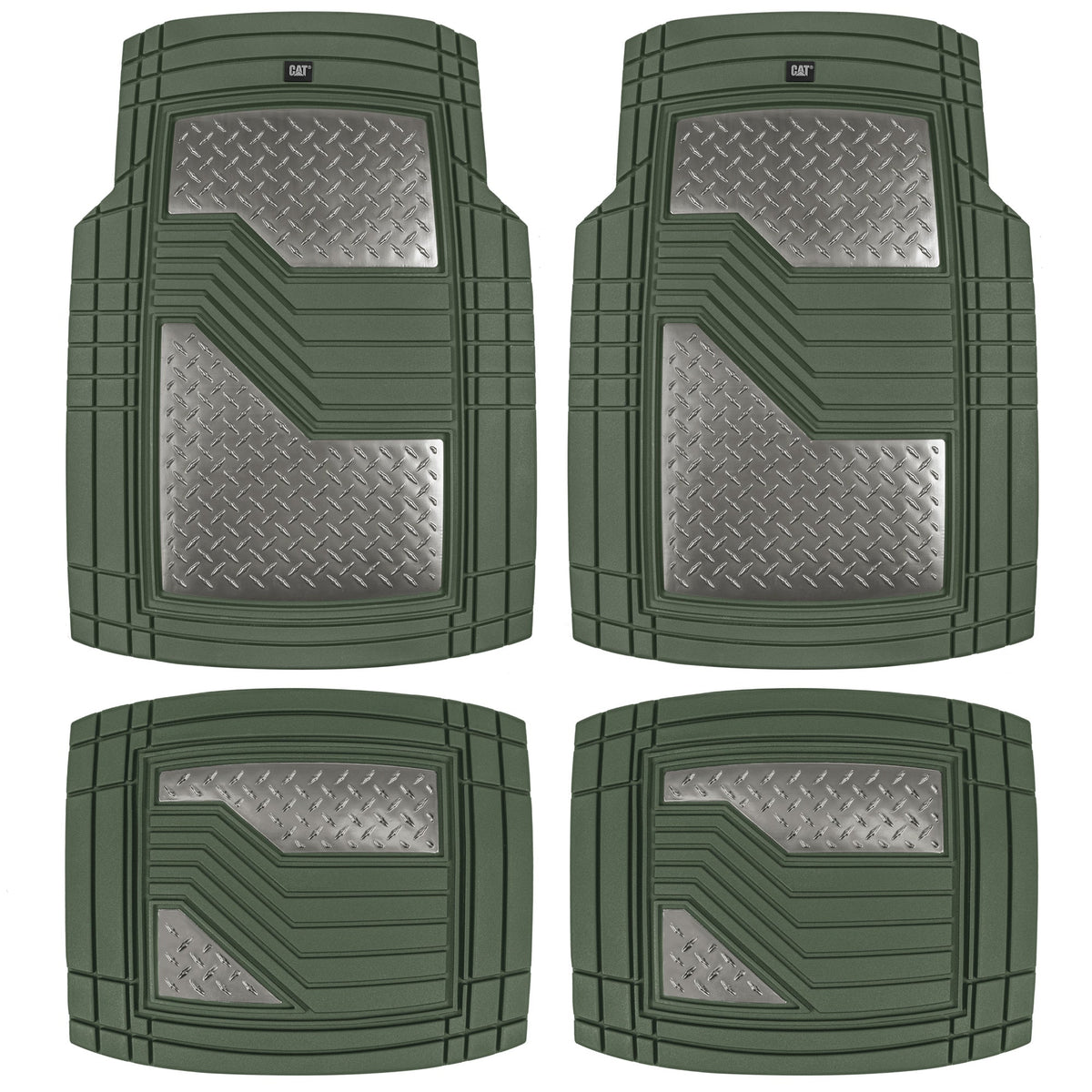 CAT 4-Piece Two-Tone Metallic-Look Front Floor Mats and Rear Floor Mats - Heavy Duty, All Weather, Trim to Fit - Green/Silver