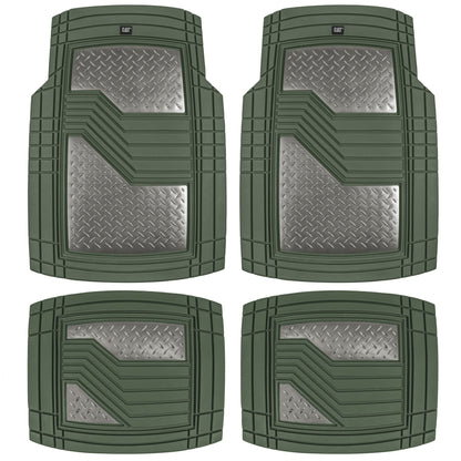 CAT 4-Piece Two-Tone Metallic-Look Front Floor Mats and Rear Floor Mats - Heavy Duty, All Weather, Trim to Fit - Green/Silver