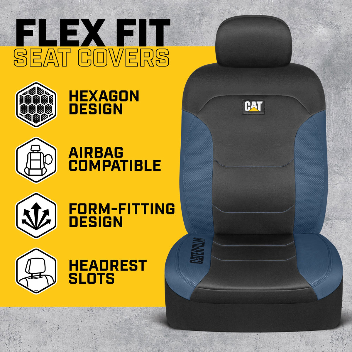 CAT Black & Blue Car Seat Covers Full Set – Front Seat Covers & Rear Bench Seat Cover – Airbag Compatible, 60/40 Split Bench for Trucks, Cars &