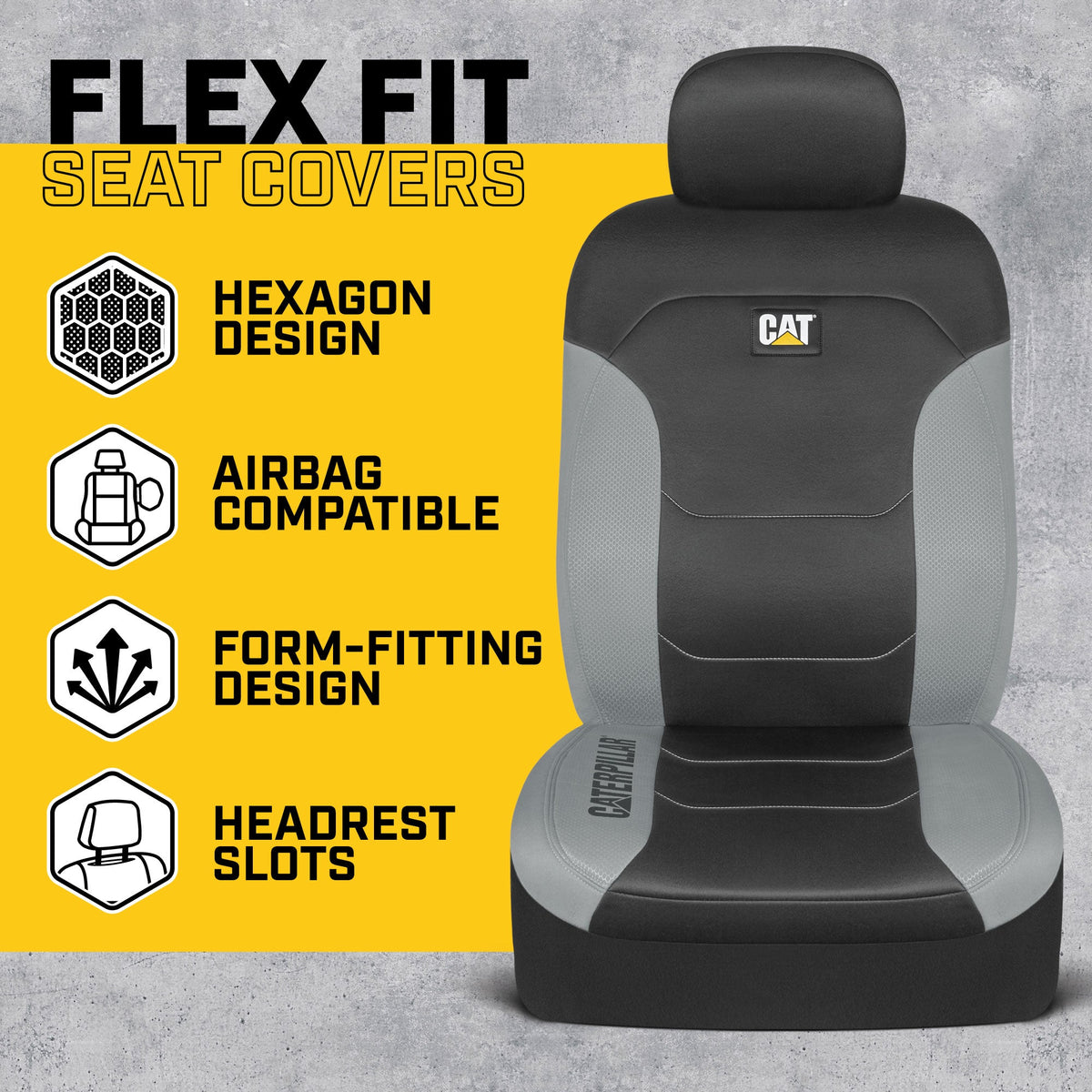 CAT Black & Gray Car Seat Covers Full Set – Front Seat Covers & Rear Bench Seat Cover – Airbag Compatible, 60/40 Split Bench for Trucks, Cars &