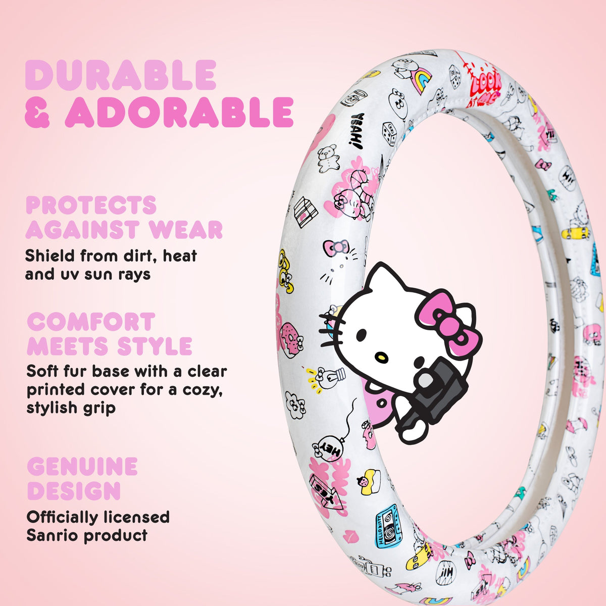 Hello Kitty Steering Wheel Cover, Official Sanrio Car Steering Wheel Cover with Universal Size 14.5 - 15.5, Cute White Steering Wheel Cover for