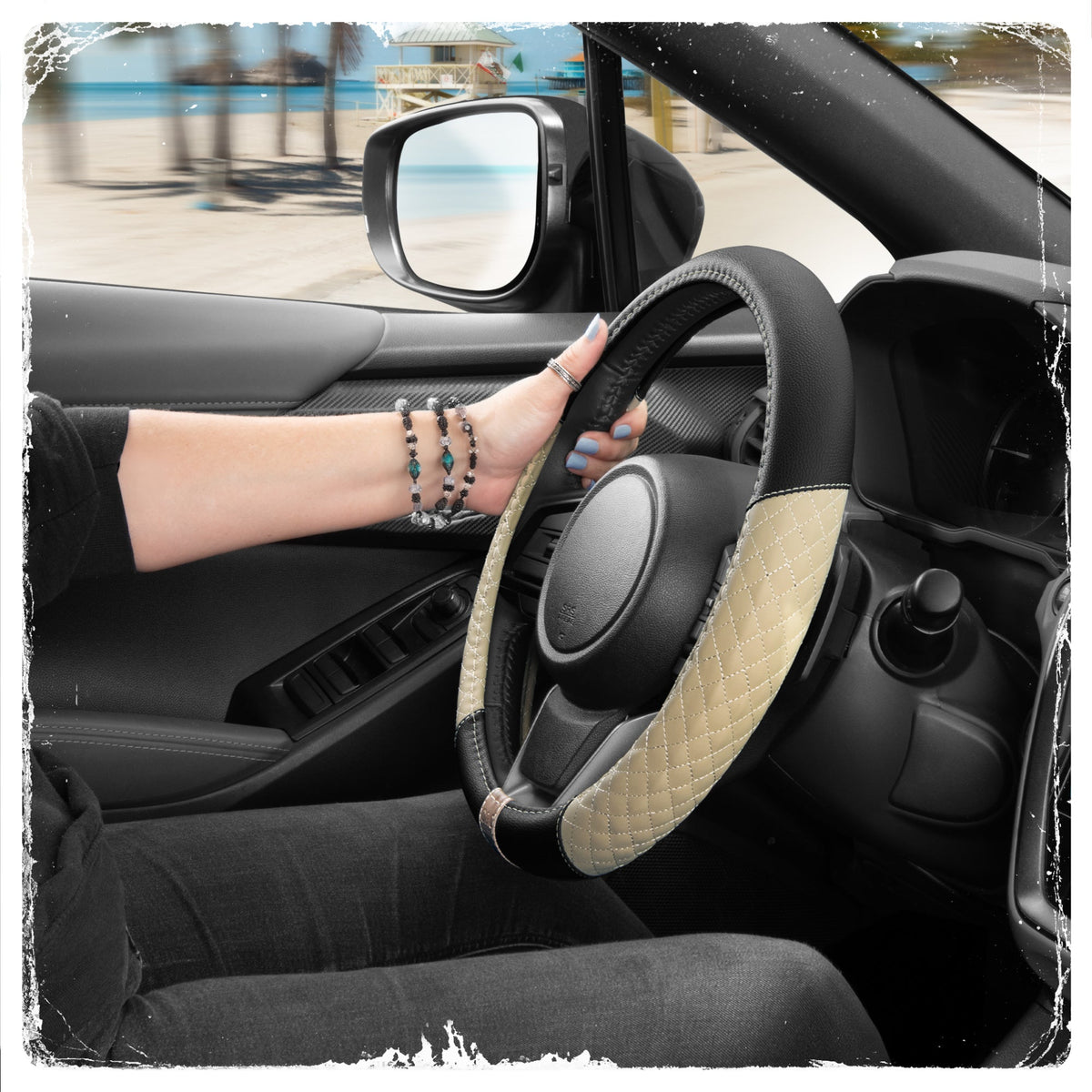 C&C California Car Steering Wheel Cover Beige Diamond Quilt, Non Slip Leather Steering Wheel Cover for Women Men, Cute Comfortable Soft Easy
