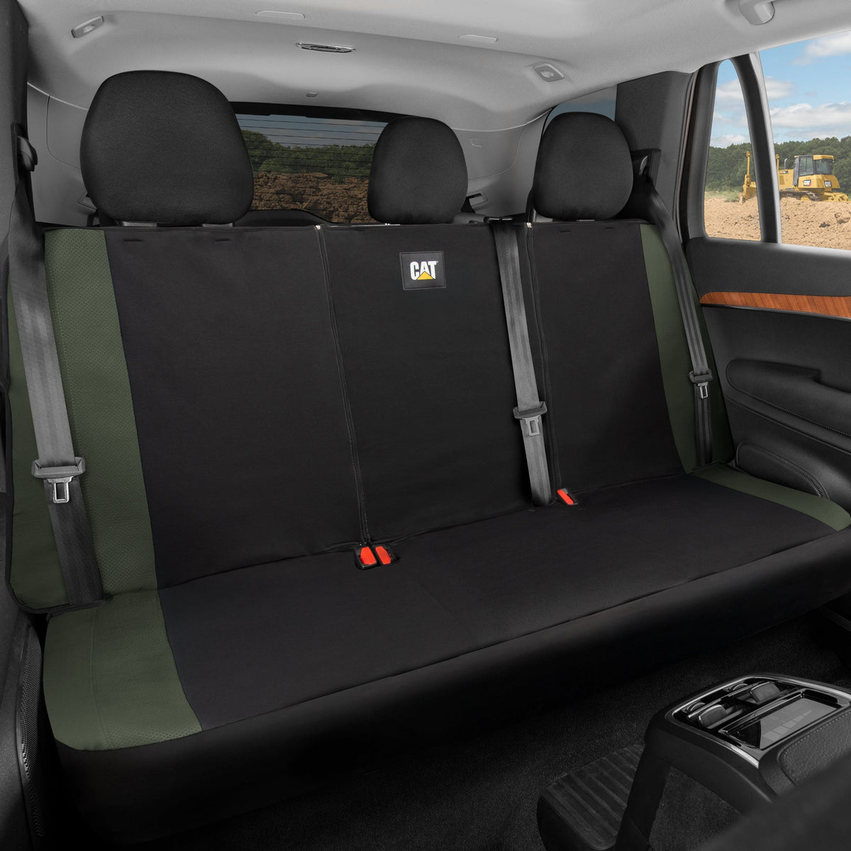 Cat Flexfit Green Rear Seat Cover for Car – Durable Canvas & Mesh Design 60/40 Split Bench Protector for Cars, Trucks & SUVs – Back Seat Cover