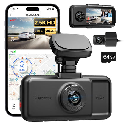 Redtiger A6 4K 3-Channel Dash Cam 5.8Ghz Wifi Voice Control Dash Cam