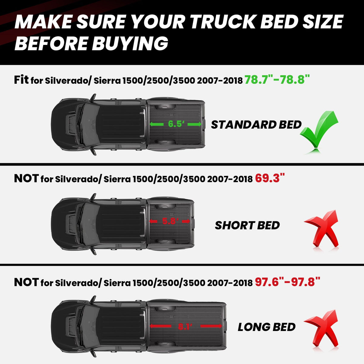 LASFIT Fit for 2007-2018 Chevrolet Silverado 1500 Heavy Duty 5.8FT or 6.5FT Bed Mat, Not Fit 2007 Classic Body Style