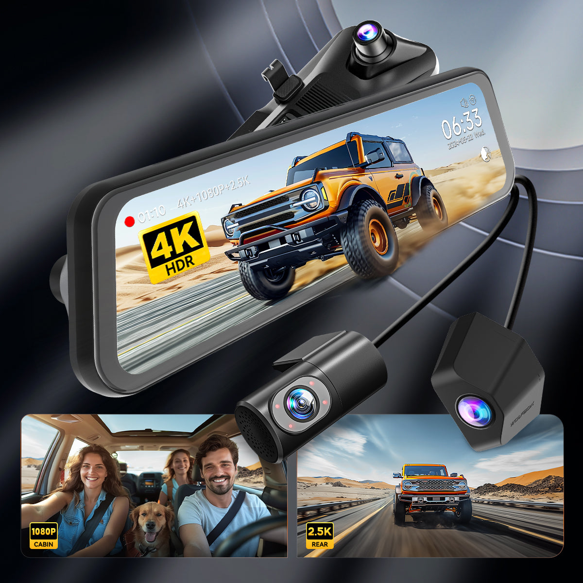 WOLFBOX G900TriPro 4K+2.5K+1080P 3 Channel Cabin Monitor Mirror Dash Camera