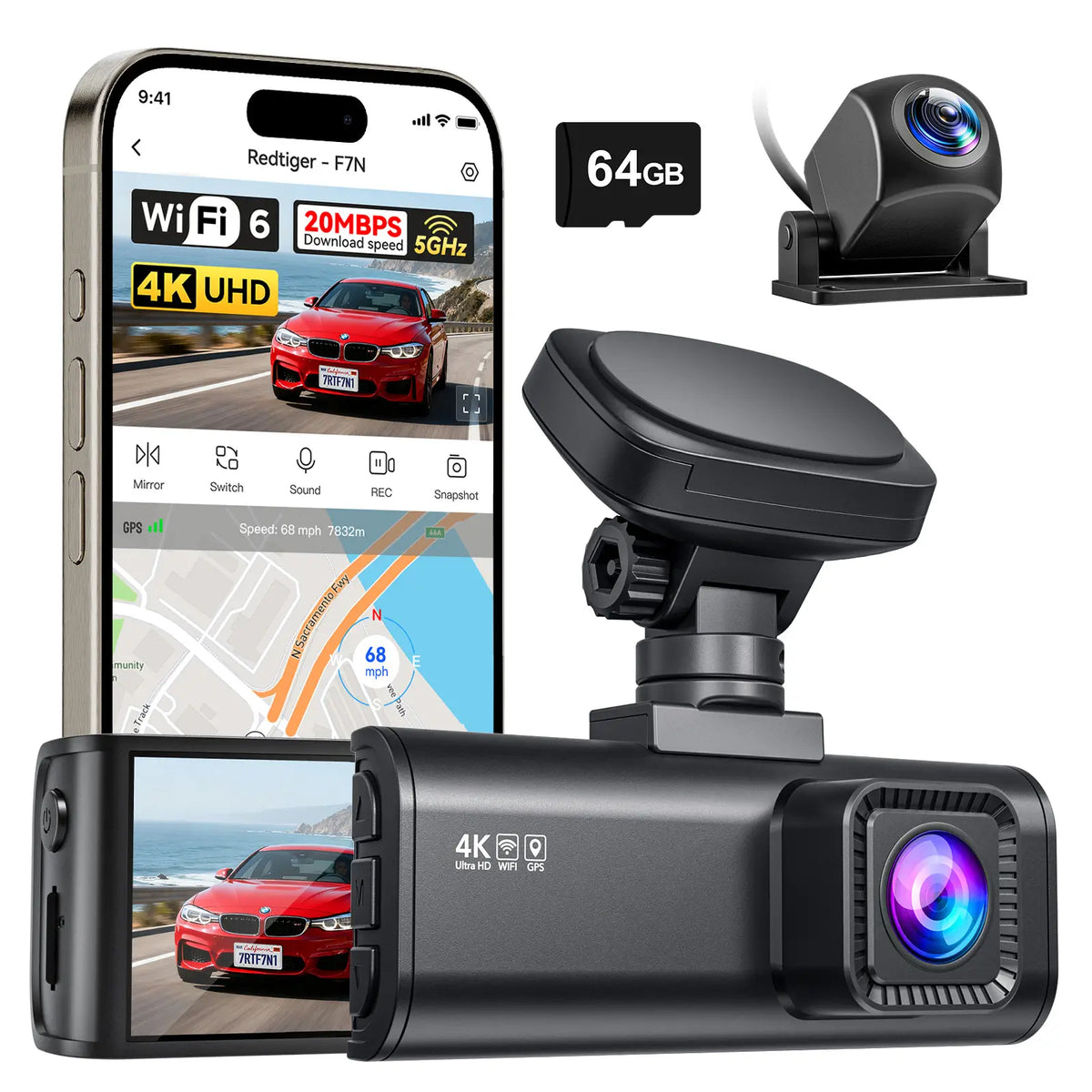 REDTIGER F7N 4K Dual Front and Rear Dash Cam with 64GB Card
