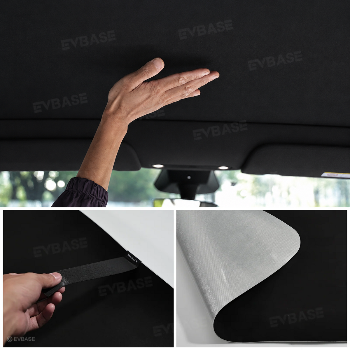 EVBASE Model Y L Glass Roof Sunshade Silicone Electrostatic Sunroof Shade Heat Insulation UV Protection Faux Suede Sun Visor