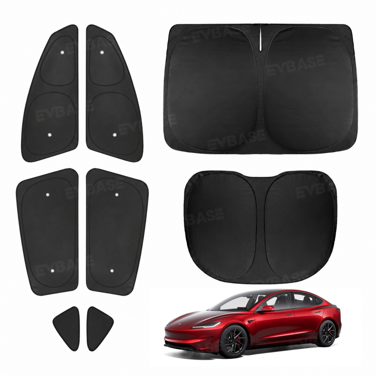 EVBASE Model Y Juniper Sunshade Set Front & Rear Windshield Shade & Side Window Shades UV & Heat Protection Privacy Cover for