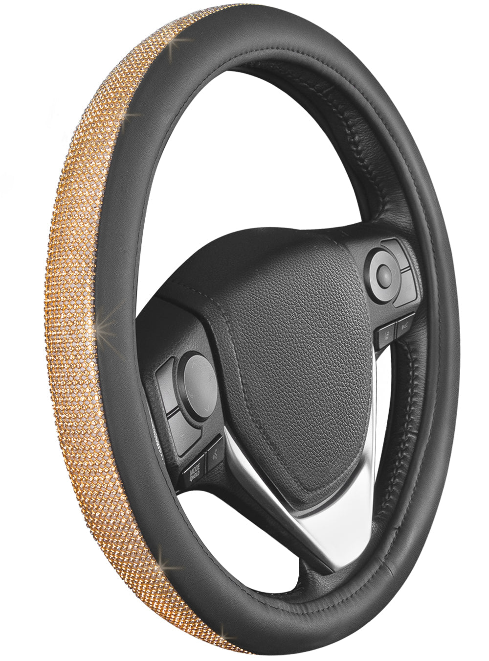 Carbella Bling Rhinestones Leatherette Steering Wheel Cover (Fits 14.5" - 15.5") - Gold