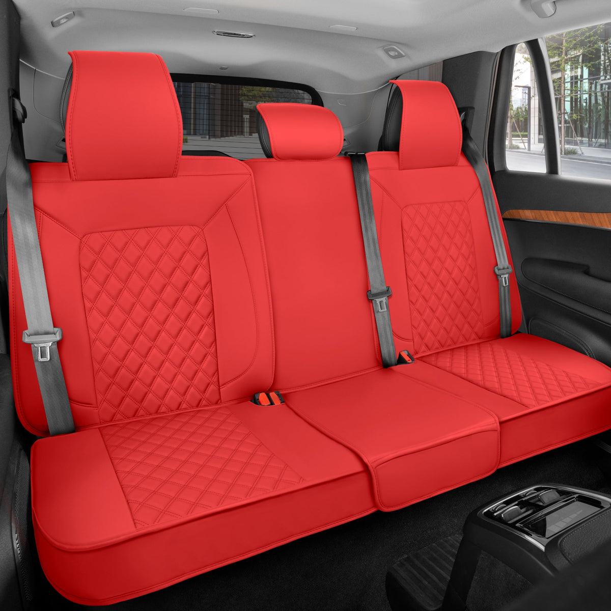 MotorBox Premium Napa Leather Rear Seat Cover – Semi Universal Fit for Most Cars, Truck & SUV – Red Back Seat Protector – Anti-Slip, Durable
