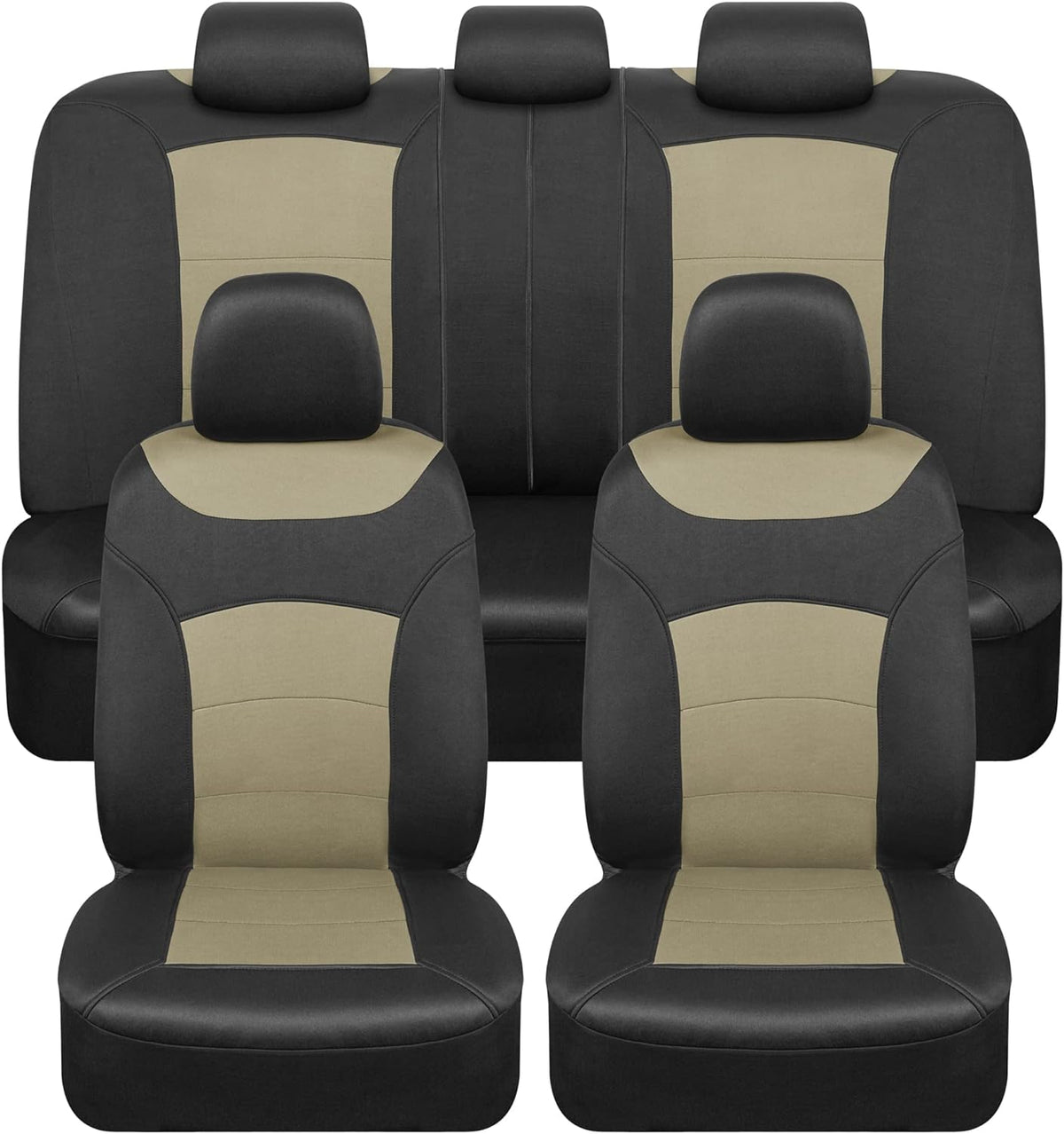 BDK carXS Turismo Car Seat Covers Full Set, Beige Two-Tone Front Seat Covers with Split Rear Bench Back Seat Cover, Automotive Seat Covers for