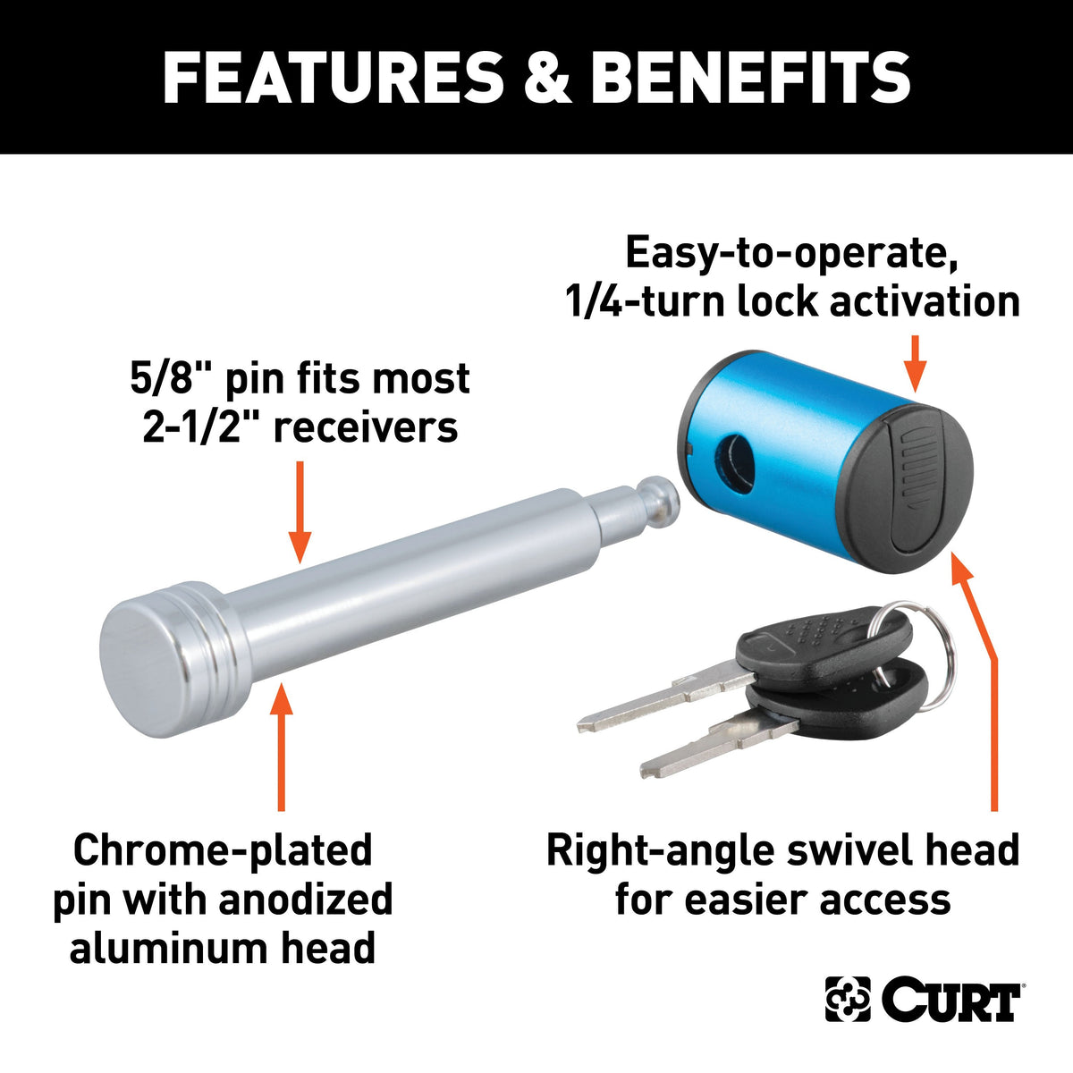 CURT 5/8" Hitch Lock (2" or 2-1/2" Receiver, Right-Angle, Chrome)