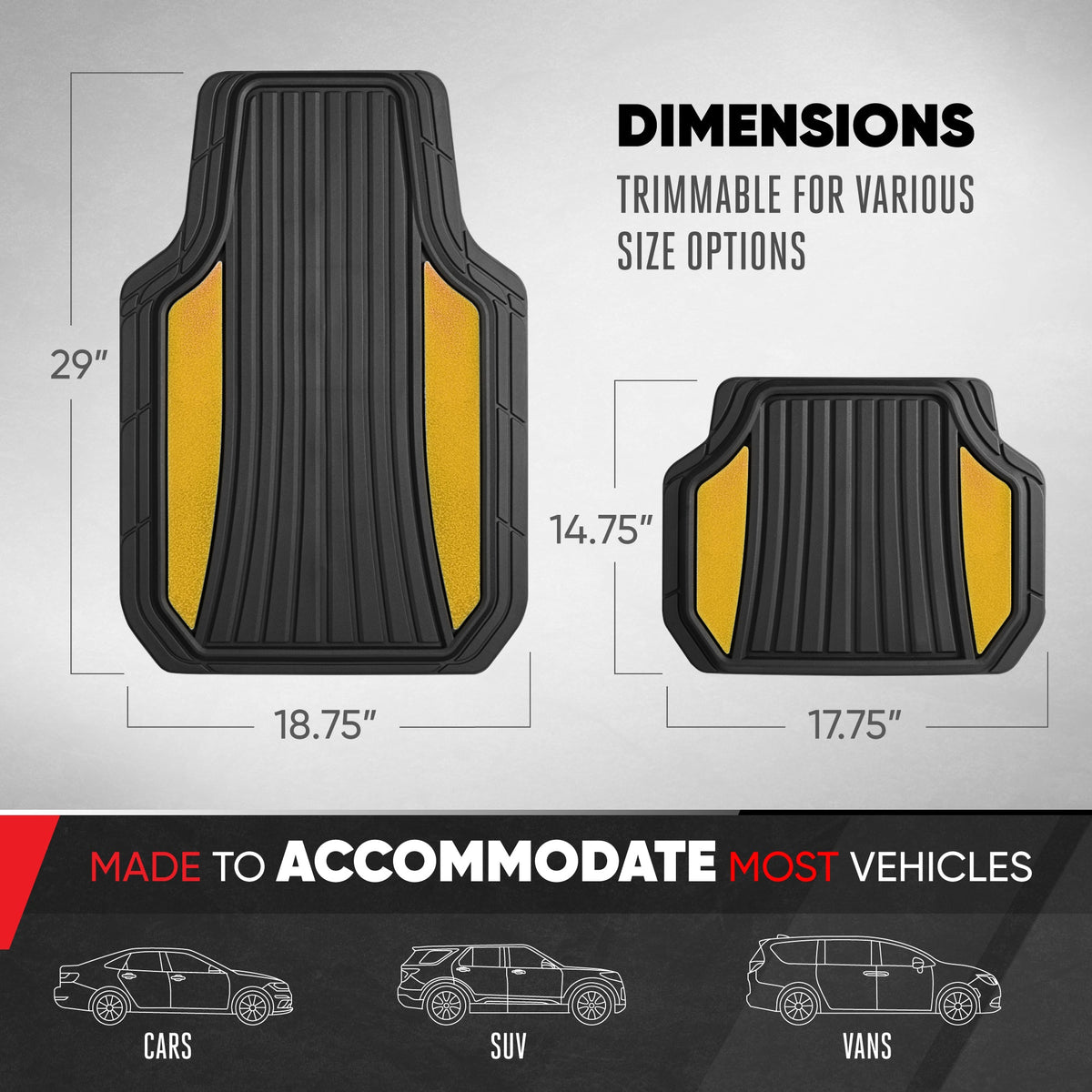 Motor Trend ChromeTech Car Floor Mats Full Set - Durable Rubber Floor Mats for Cars with Two Tone Accent, All Weather Interior Protection for
