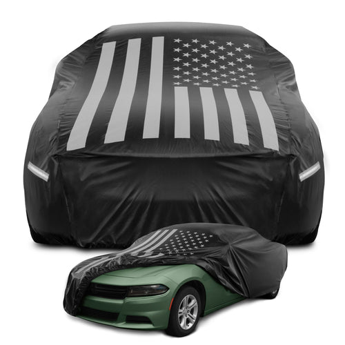 Motor Trend Black USA Flag Waterproof Car Cover - All Weather Outdoor Protection, UV Resistant, Windproof, Scratchproof - Semi-Universal Fit