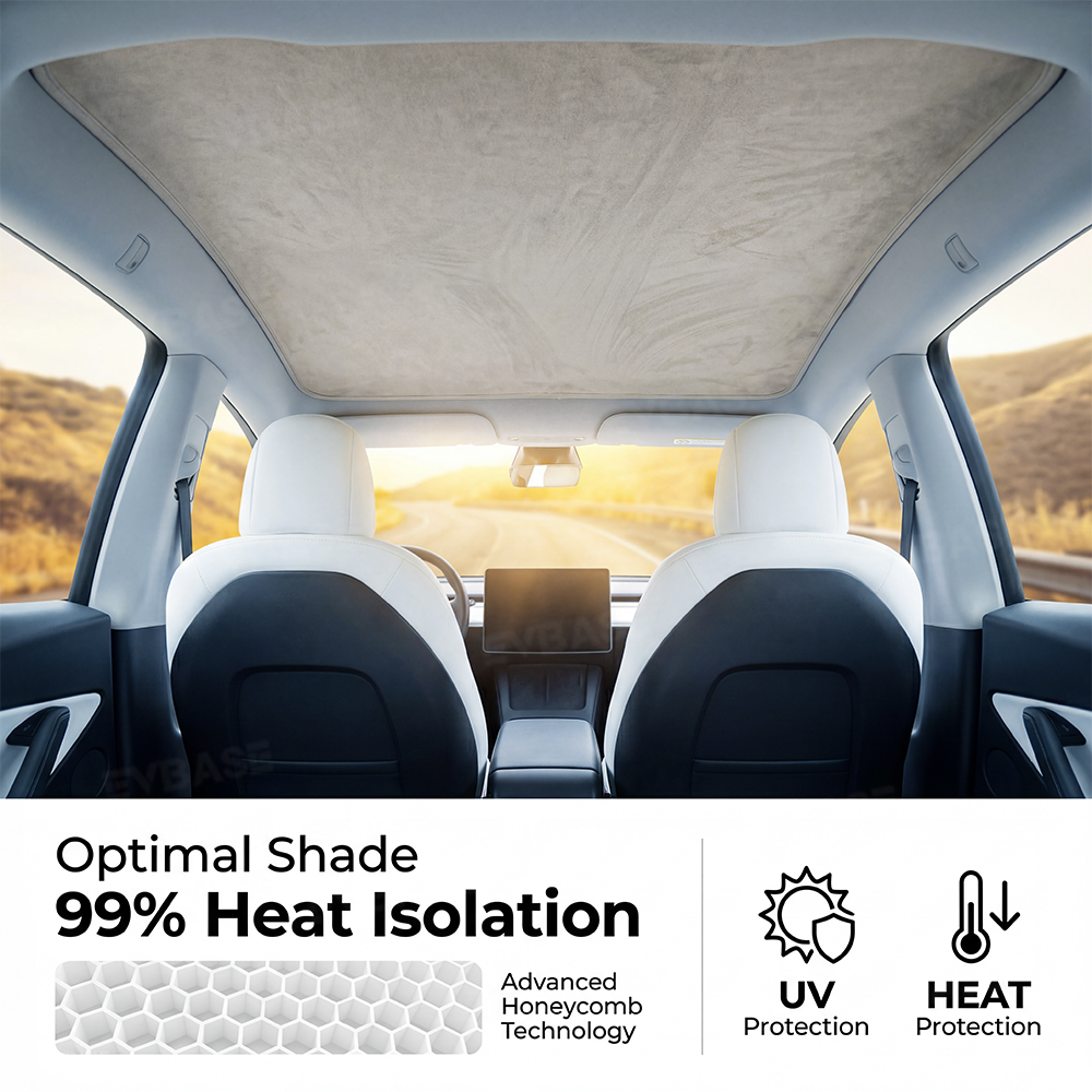 EVBASE Model Y Juniper Glass Roof Sunshade Silicone Electrostatic Sunroof Shade Heat Insulation UV Protection Faux Suede Sun