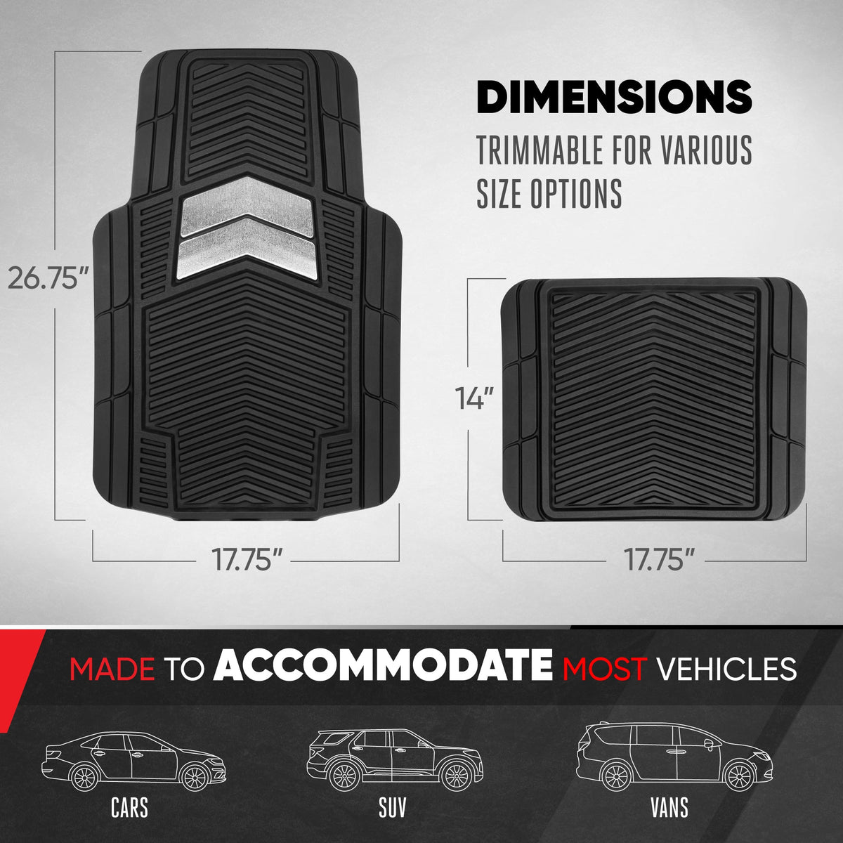 Motor Trend FlexTough Shield Black & Silver All-Weather Floor Mats for Cars, Trucks & SUVs – Heavy Duty Waterproof Rubber Car Mats, Universal