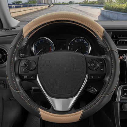 MotorTrend GripDrive Carbon Fiber Weave Ergonomic Grip Steering Wheel Cover (Fits 14.5" - 15.5") - Beige