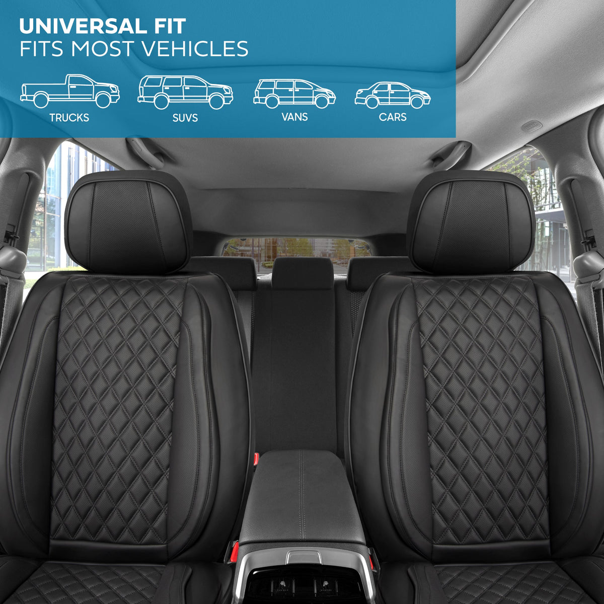 MotorBox Elite Edition Faux Leather Seat Covers for Cars, Trucks, & SUV - 2 Black Car Seat Covers for Front Seats - Universal Fit Car Accessories