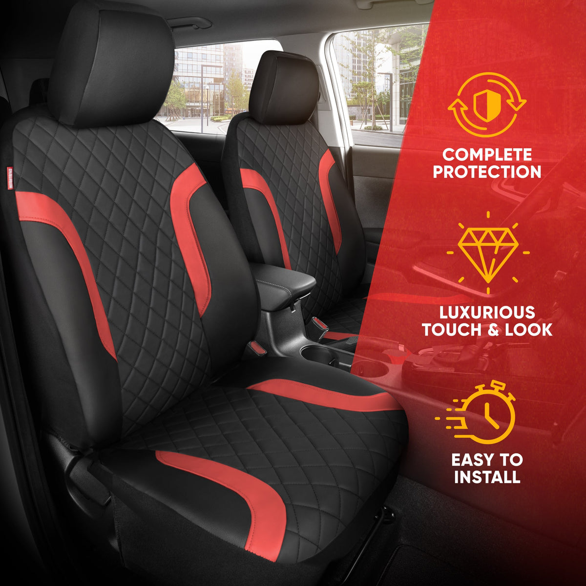 Motor Trend Faux Leather Seat Covers For Trucks, Cars, & SUV - Front Black & Red Car Seat Cover Set - Universal Fit For Most Automotives - Forros