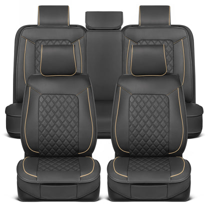 MotorBox 11-Piece Prestige Edition Premium Faux Leather Diamond Stitched Cushion Front Seat Covers and Rear Seat Covers - Beige