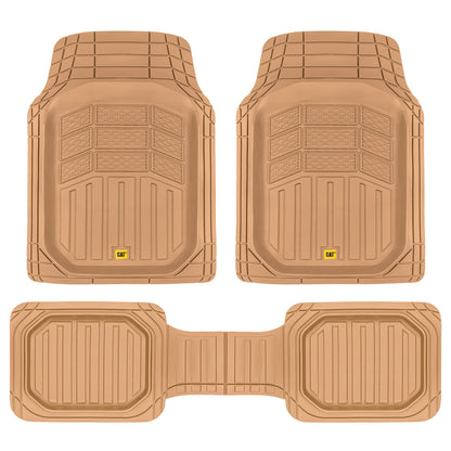 CAT 3-Piece Deep Dish Front Floor Mats and Rear Floor Mats - Heavy Duty, All Weather, Trim to Fit - Beige