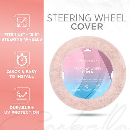 Carbella Soft Pink Fuzzy Steering Wheel Cover, Standard 15 Inch Size Fits Most Vehicles, Cute Faux Fur Car Steering Cover with Soft Fluffy Furry