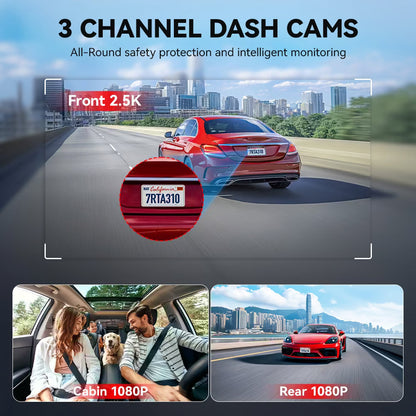 REDTIGER A3 3 Channel Dash Cam Front and Rear Inside, 2.5K + 1080P + 1080P Dash Camera for Cars with WiFi, IR Night View
