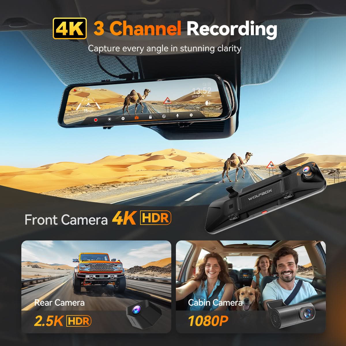 WOLFBOX G900TriPro 4K+2.5K+1080P 3 Channel Cabin Monitor Mirror Dash Camera