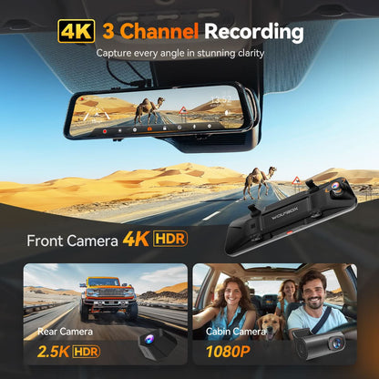 WOLFBOX G900TriPro 4K+2.5K+1080P 3 Channel Cabin Monitor Mirror Dash Camera