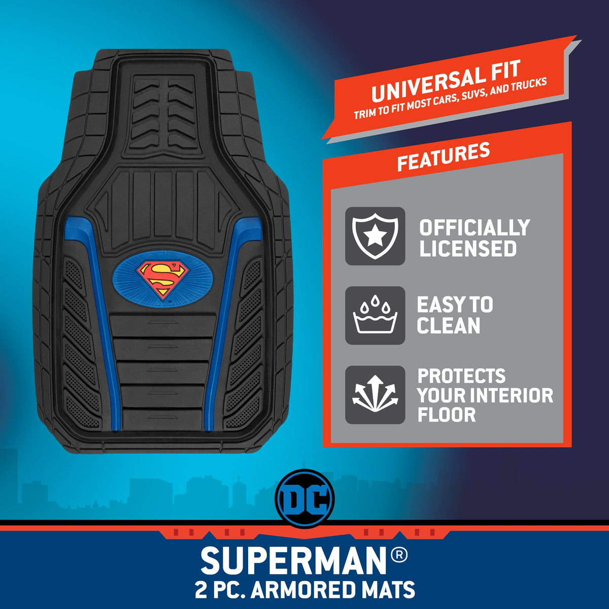 BDK Armored Super Hero Car Floor Mats - Officially Licensed DC Comics - All Weather Heavy Duty Auto Interior Liners for Car Truck Van SUV