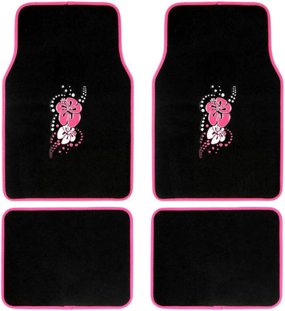 BDK Design Patch Carpet Front Floor Mats and Rear Floor Mats - Pink Hawaiian Flower