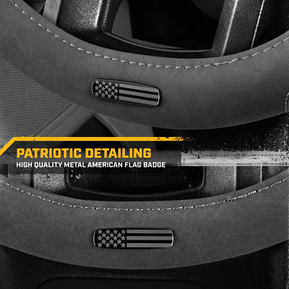 Cat® Honor Line Flux Leather Steering Wheel Cover w Metal Flag Emblem, Grey Leatherette, Standard 14.5–15.5 Inch, Non Slip Comfort, Car Steering