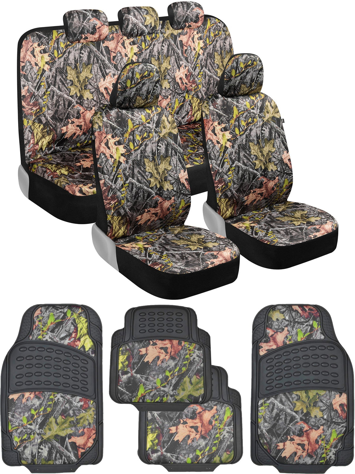 BDK Camo Car Seat Covers Full Set with Camo Car Floor Mats – Complete Interior Protection Set, Realistic Green Forest Camouflage Pattern
