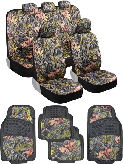 BDK Camo Car Seat Covers Full Set with Camo Car Floor Mats – Complete Interior Protection Set, Realistic Green Forest Camouflage Pattern