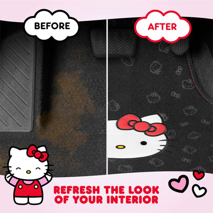 Hello Kitty Carpet Car Floor Mats - Universal Fit for Cars, SUVs & Trucks - Black with Red Bow & Hello Kitty Print - Front & Rear Set, 4 Piece