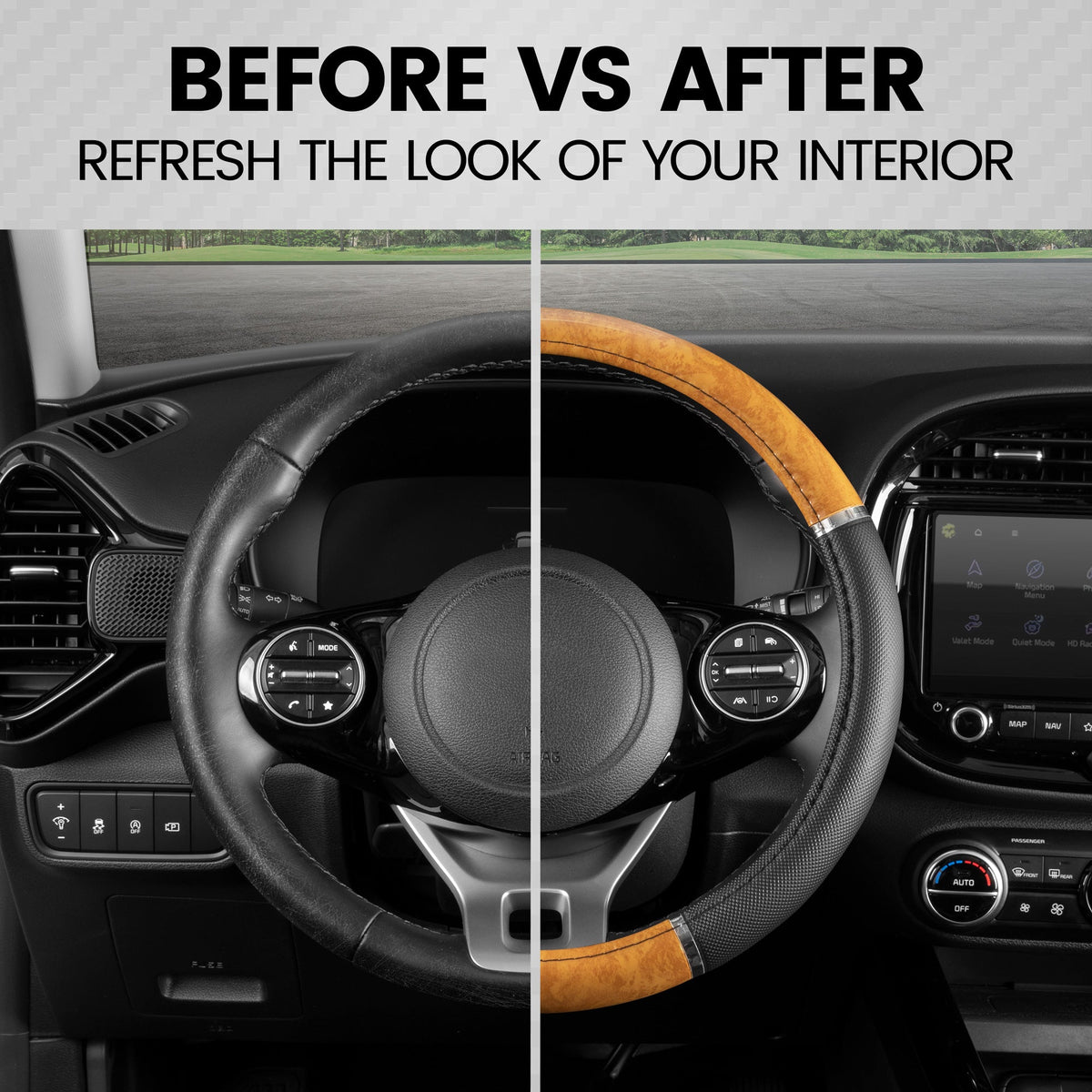 BDK Two-Tone Chrome Wood Grain Steering Wheel Cover (Fits 14.5" - 15.5")