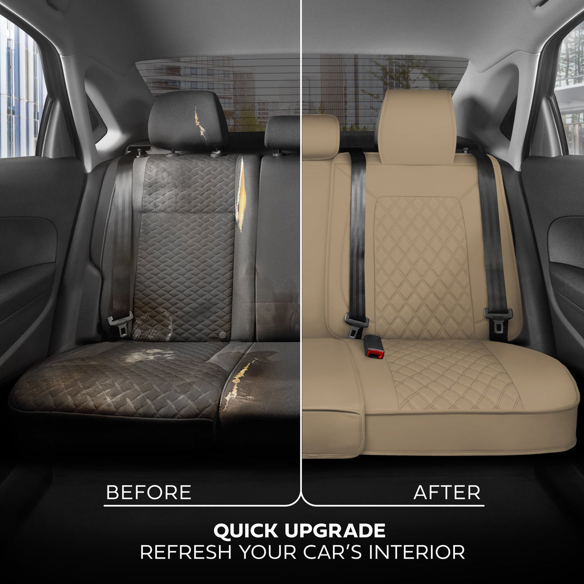 MotorBox Premium Napa Leather Rear Seat Cover - Semi Universal Fit for Most Cars, Truck & SUV - Beige Back Seat Protector - Anti-Slip, Durable